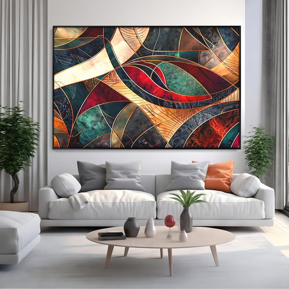Tablou canvas cu tablou abstract cu linii aurii, in rama de aluminiu negru, pe perete intr-un living